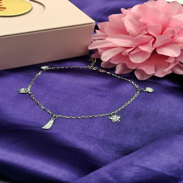 925 Sterling Silver Link Chain Floral Charm Anklet for Women