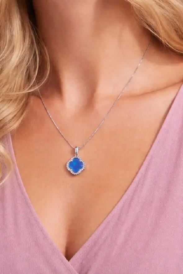 Blue Clover Pendant Necklace 92.5 Sterling Silver for Women