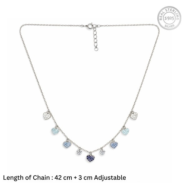 Blue Gradient Heart Charm Drop Necklace – 92.5 Sterling Silver Multi-Heart Choker with Ombre Crystals