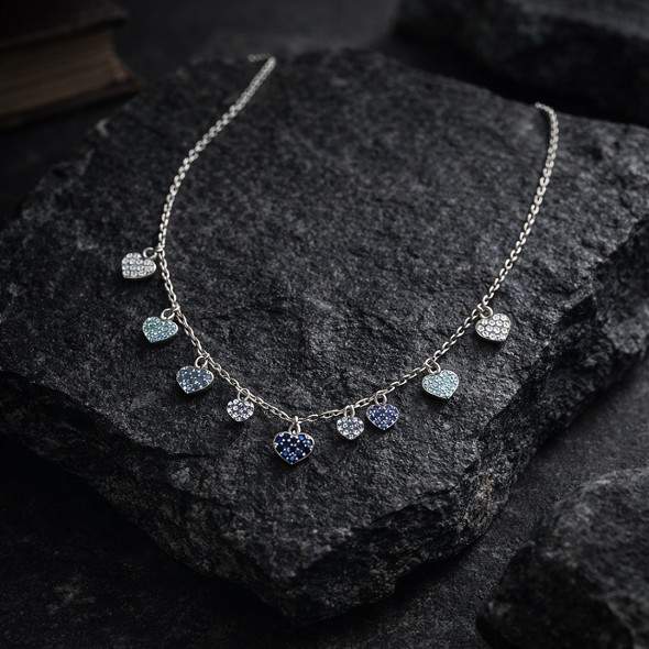 Blue Gradient Heart Charm Drop Necklace – 92.5 Sterling Silver Multi-Heart Choker with Ombre Crystals