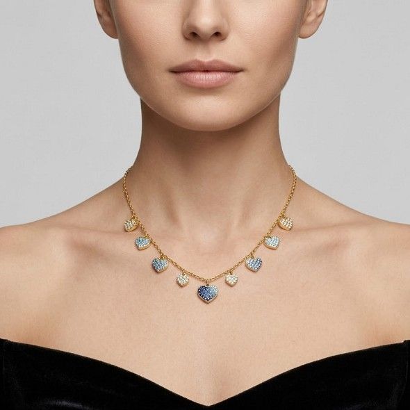 Blue Gradient Heart Charm Drop Necklace – 92.5 Sterling Silver Multi-Heart Choker with Ombre Crystals