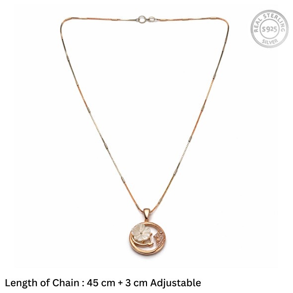 Celestial Mother of Pearl Flower & Moon Pendant Necklace – Rose Gold Plated 92.5 Sterling Silver Crescent Moon Charm