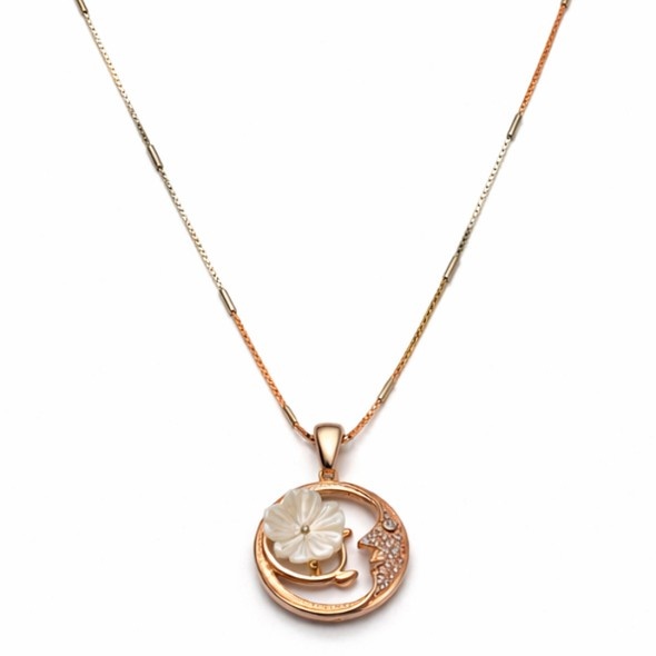 Celestial Mother of Pearl Flower & Moon Pendant Necklace – Rose Gold Plated 92.5 Sterling Silver Crescent Moon Charm