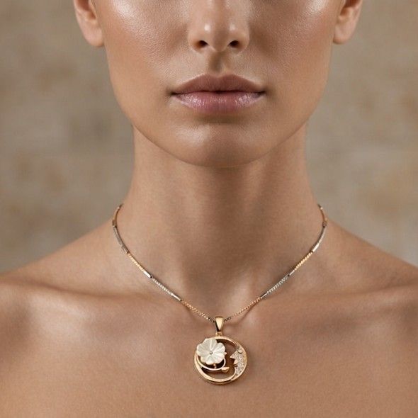 Celestial Mother of Pearl Flower & Moon Pendant Necklace – Rose Gold Plated 92.5 Sterling Silver Crescent Moon Charm
