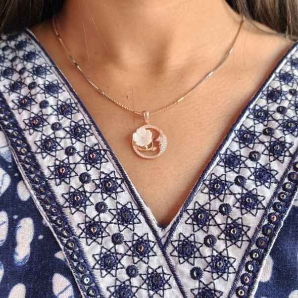 Celestial Mother of Pearl Flower & Moon Pendant Necklace – Rose Gold Plated 92.5 Sterling Silver Crescent Moon Charm