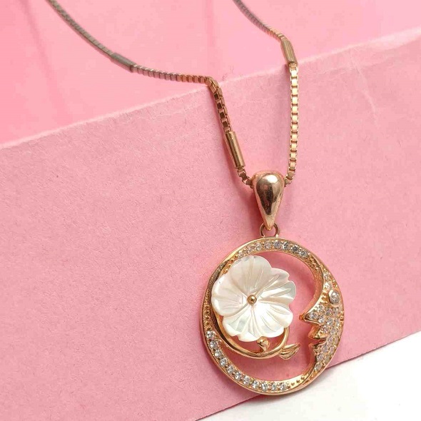 Celestial Mother of Pearl Flower & Moon Pendant Necklace – Rose Gold Plated 92.5 Sterling Silver Crescent Moon Charm