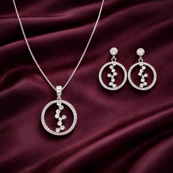 Celestial Cascade Hoop Jewelry Set – 92.5 Sterling Silver Halo Open Circle Necklace & Earrings with Sparkling Floating Crystals