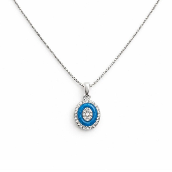 Cerulean Blue Halo Medallion Necklace – 92.5 Sterling Silver Oval Evil Eye Inspired Pendant with Vibrant Enamel and Crystal Accents