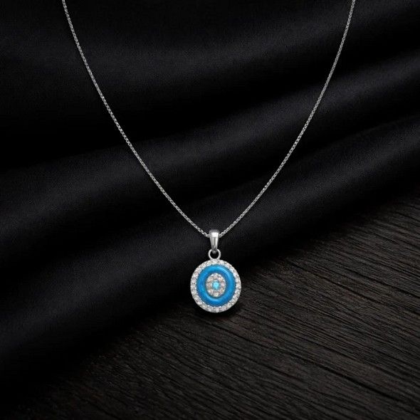 Cerulean Blue Halo Medallion Necklace – 92.5 Sterling Silver Oval Evil Eye Inspired Pendant with Vibrant Enamel and Crystal Accents