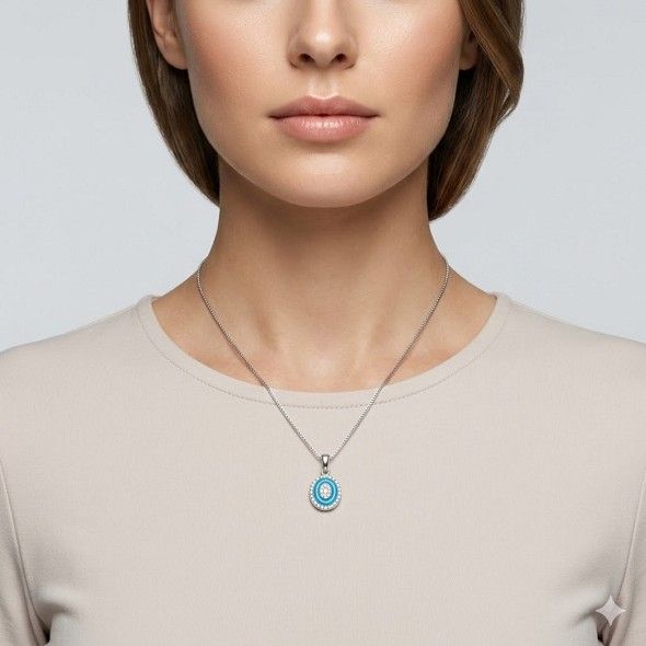 Cerulean Blue Halo Medallion Necklace – 92.5 Sterling Silver Oval Evil Eye Inspired Pendant with Vibrant Enamel and Crystal Accents