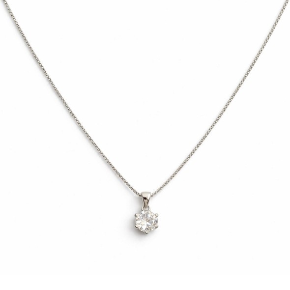 Classic Brilliant-Cut Solitaire Necklace – 92.5 Sterling Silver Dainty Chain with Six-Prong Set Crystal Pendant