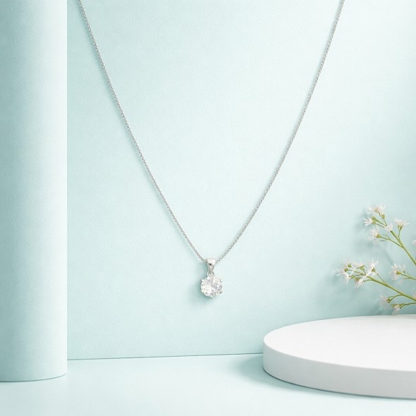 Classic Brilliant-Cut Solitaire Necklace – 92.5 Sterling Silver Dainty Chain with Six-Prong Set Crystal Pendant