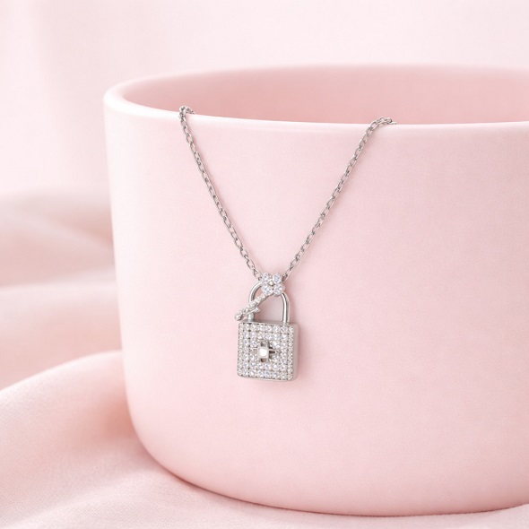 Crystal Lock & Key Pendant Necklace for Women 92.5 Silver