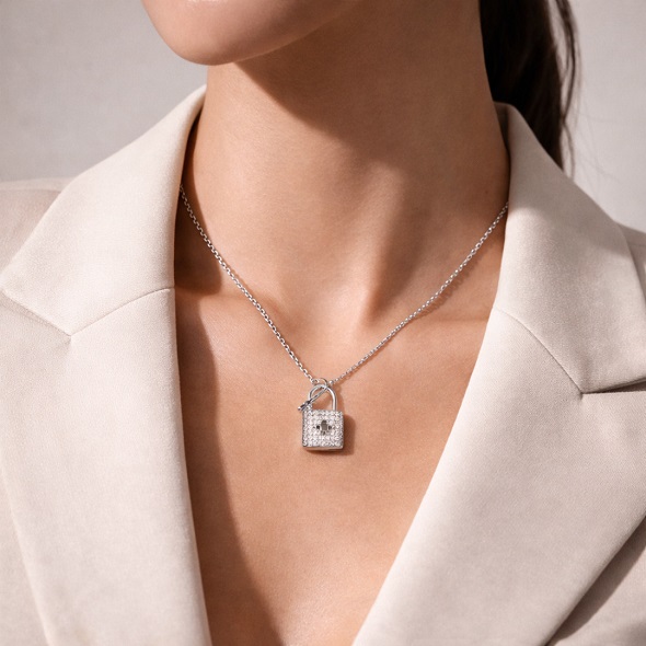 Crystal Lock & Key Pendant Necklace for Women 92.5 Silver