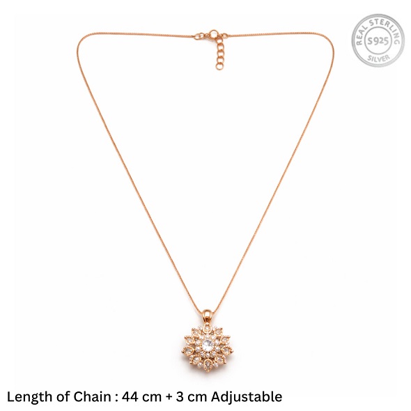 Dahlia Sunburst Pendant Necklace – Rose Gold Plated 92.5 Sterling Silver Floral Medallion with Marquise Crystals