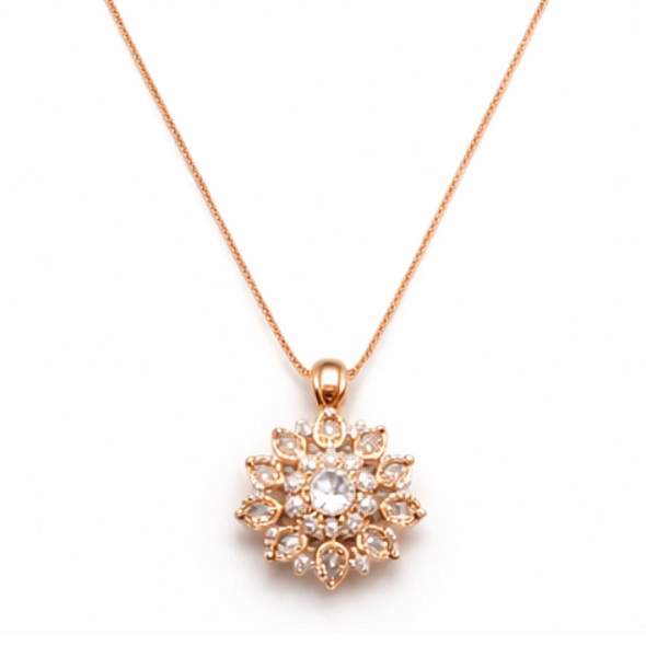 Dahlia Sunburst Pendant Necklace – Rose Gold Plated 92.5 Sterling Silver Floral Medallion with Marquise Crystals