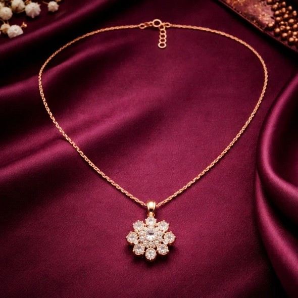 Dahlia Sunburst Pendant Necklace – Rose Gold Plated 92.5 Sterling Silver Floral Medallion with Marquise Crystals