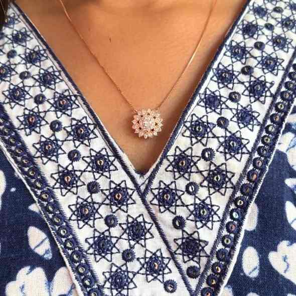 Dahlia Sunburst Pendant Necklace – Rose Gold Plated 92.5 Sterling Silver Floral Medallion with Marquise Crystals