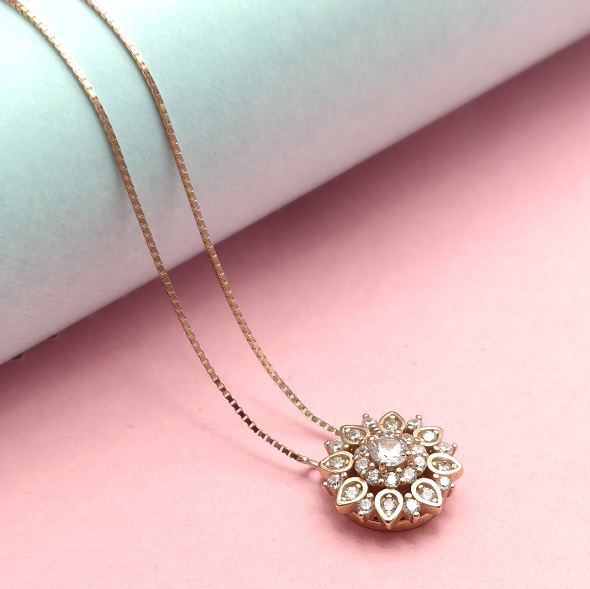 Dahlia Sunburst Pendant Necklace – Rose Gold Plated 92.5 Sterling Silver Floral Medallion with Marquise Crystals