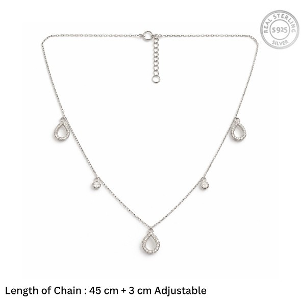Dainty Pavé Teardrop Station Necklace – 92.5 Sterling Silver Multi-Charm Choker with Shimmering Crystal Accents