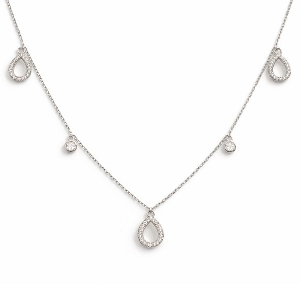 Dainty Pavé Teardrop Station Necklace – 92.5 Sterling Silver Multi-Charm Choker with Shimmering Crystal Accents