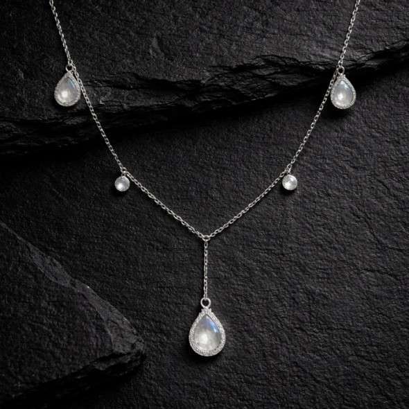 Dainty Pavé Teardrop Station Necklace – 92.5 Sterling Silver Multi-Charm Choker with Shimmering Crystal Accents