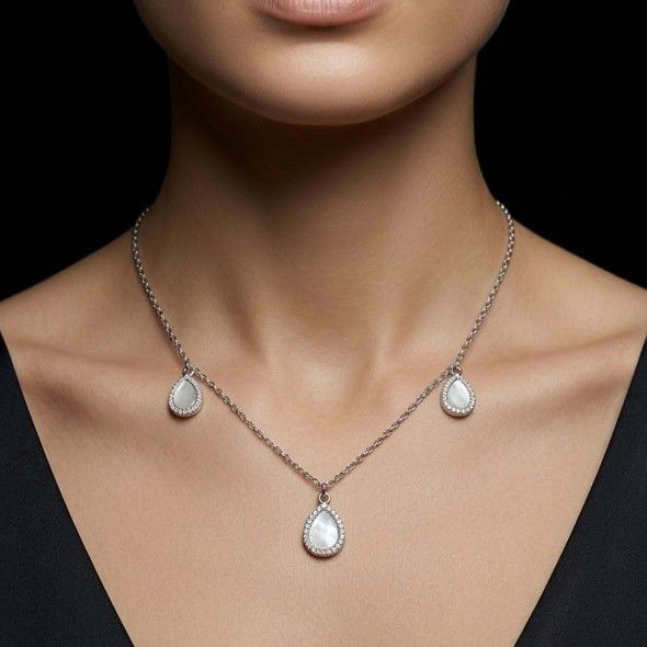 Dainty Pavé Teardrop Station Necklace – 92.5 Sterling Silver Multi-Charm Choker with Shimmering Crystal Accents