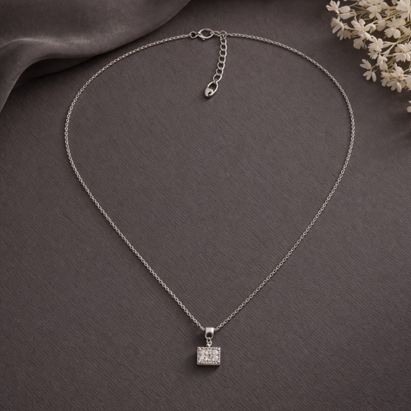 Dainty Cubic Zirconia Geometric Square Pendant Necklace – 92.5 Sterling Silver Minimalist Crystal Charm