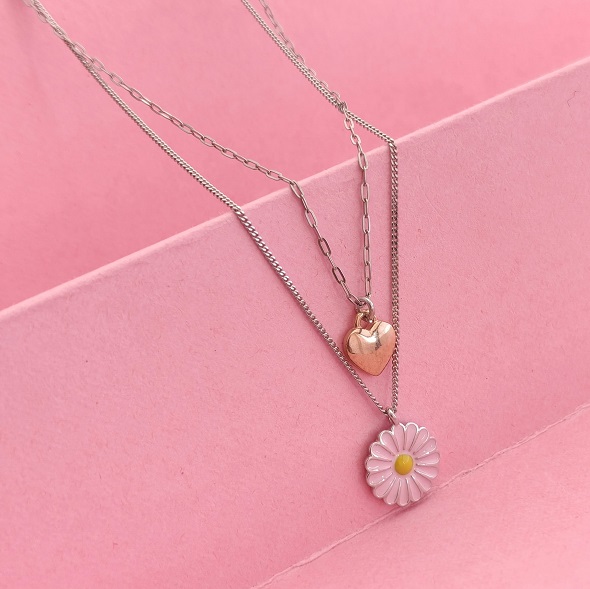 Dainty Daisy & Heart Layered Necklace – 92.5 Sterling Silver Double Strand Necklace with Pink Enamel Flower and Rose Gold Heart