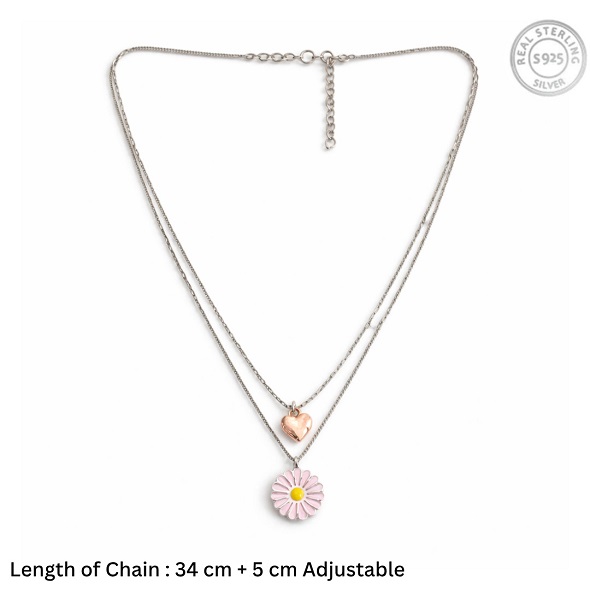 Dainty Daisy & Heart Layered Necklace – 92.5 Sterling Silver Double Strand Necklace with Pink Enamel Flower and Rose Gold Heart