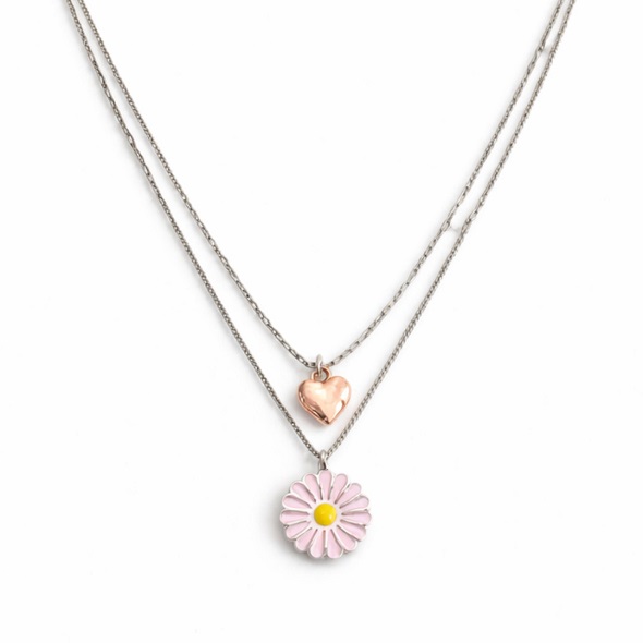 Dainty Daisy & Heart Layered Necklace – 92.5 Sterling Silver Double Strand Necklace with Pink Enamel Flower and Rose Gold Heart