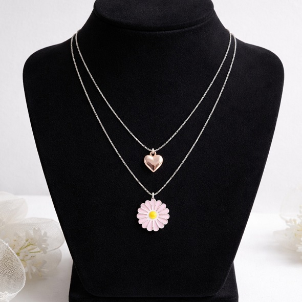 Dainty Daisy & Heart Layered Necklace – 92.5 Sterling Silver Double Strand Necklace with Pink Enamel Flower and Rose Gold Heart