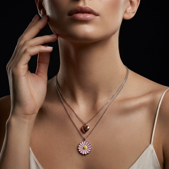 Dainty Daisy & Heart Layered Necklace – 92.5 Sterling Silver Double Strand Necklace with Pink Enamel Flower and Rose Gold Heart
