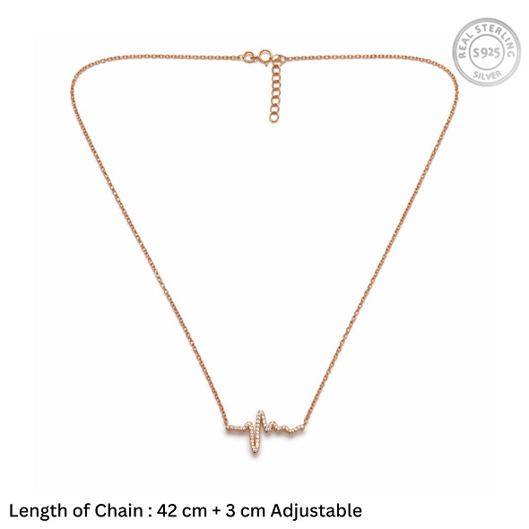 Dainty Heartbeat Lifeline Necklace – Rose Gold Plated 92.5 Sterling Silver EKG Pulse Pendant with Sparkling Zirconia