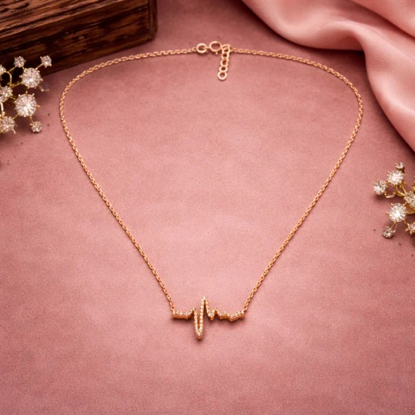 Dainty Heartbeat Lifeline Necklace – Rose Gold Plated 92.5 Sterling Silver EKG Pulse Pendant with Sparkling Zirconia
