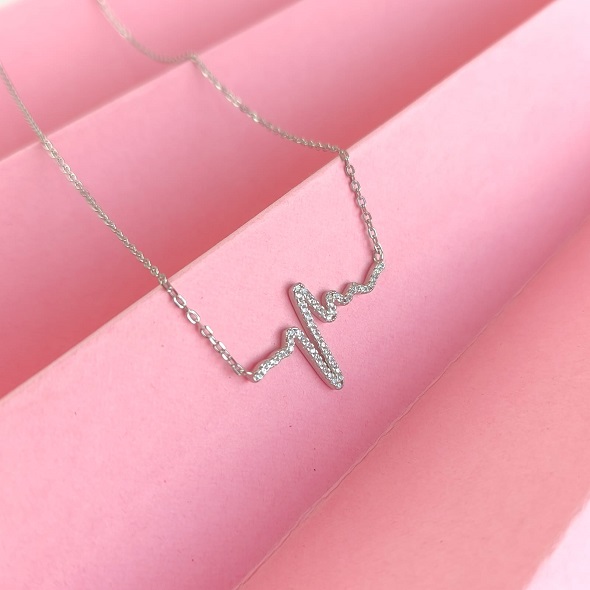 Dainty Heartbeat Lifeline Necklace – Rose Gold Plated 92.5 Sterling Silver EKG Pulse Pendant with Sparkling Zirconia