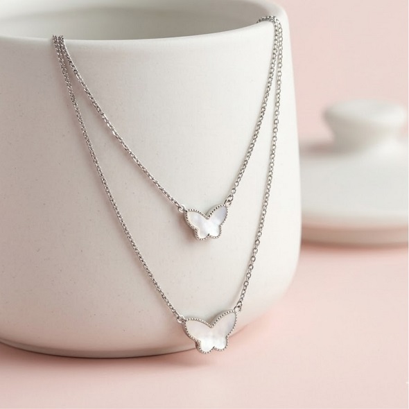 Dainty Mother of Pearl Butterfly Layered Necklace – 92.5 Sterling Silver Double Chain Butterfly Choker