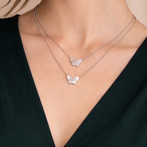 Dainty Mother of Pearl Butterfly Layered Necklace – 92.5 Sterling Silver Double Chain Butterfly Choker