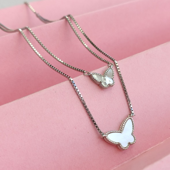Dainty Mother of Pearl Butterfly Layered Necklace – 92.5 Sterling Silver Double Chain Butterfly Choker