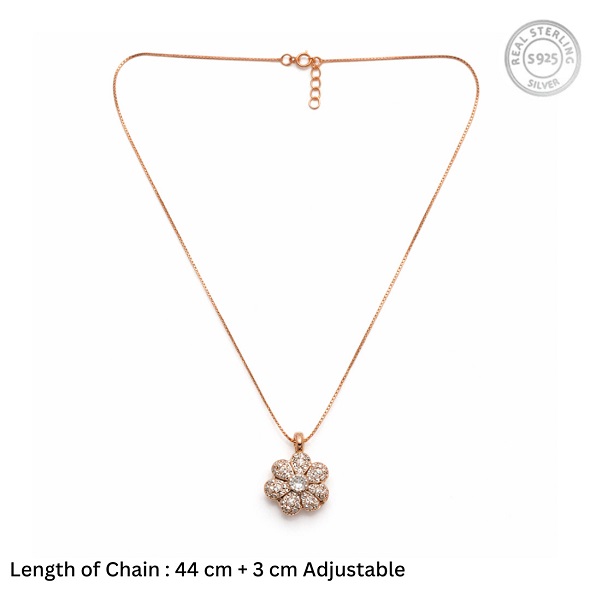 Dainty Rose Gold Flower Pendant Necklace – 92.5 Sterling Silver Floral Charm with Sparkling Pavé Crystals