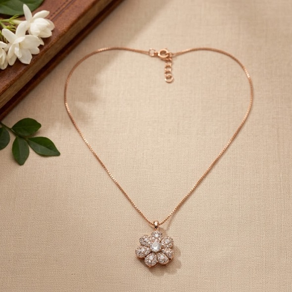 Dainty Rose Gold Flower Pendant Necklace – 92.5 Sterling Silver Floral Charm with Sparkling Pavé Crystals