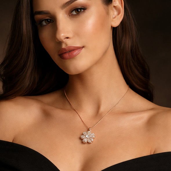 Dainty Rose Gold Flower Pendant Necklace – 92.5 Sterling Silver Floral Charm with Sparkling Pavé Crystals