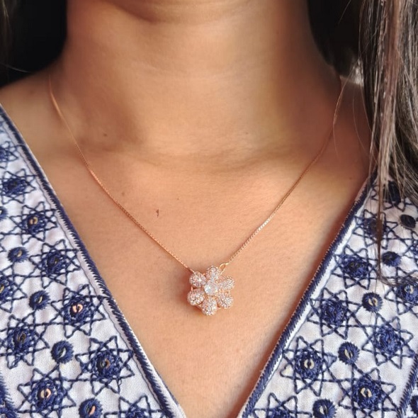Dainty Rose Gold Flower Pendant Necklace – 92.5 Sterling Silver Floral Charm with Sparkling Pavé Crystals
