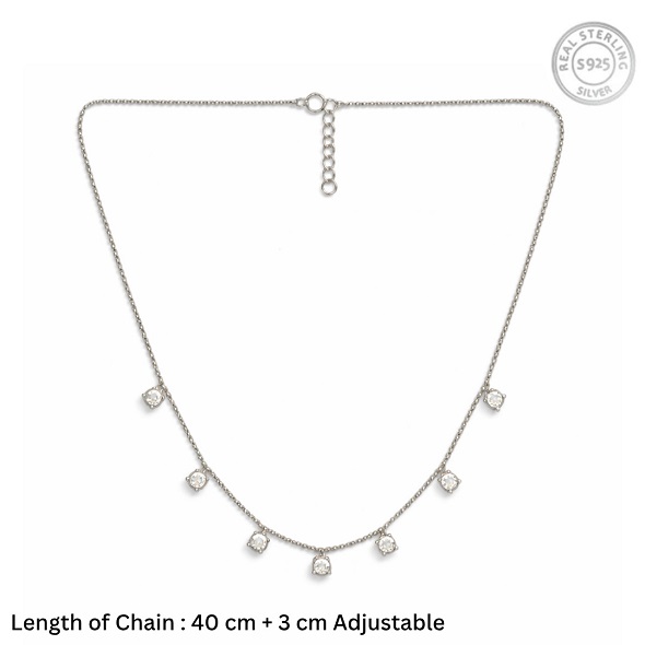 Dainty Solitaire Crystal Drop Choker – 92.5 Sterling Silver Seven-Stone Station Necklace with Adjustable Chain