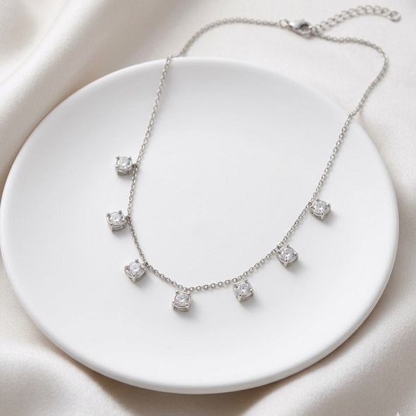Dainty Solitaire Crystal Drop Choker – 92.5 Sterling Silver Seven-Stone Station Necklace with Adjustable Chain