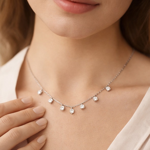 Dainty Solitaire Crystal Drop Choker – 92.5 Sterling Silver Seven-Stone Station Necklace with Adjustable Chain