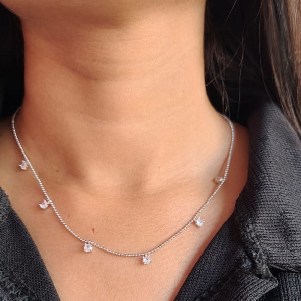 Dainty Solitaire Crystal Drop Choker – 92.5 Sterling Silver Seven-Stone Station Necklace with Adjustable Chain