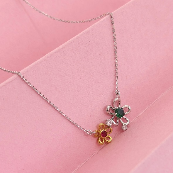 Dainty Two-Tone Dual Blossom Necklace – 92.5 Sterling Silver Mixed Metal Pendant with Ruby & Emerald Toned Centers