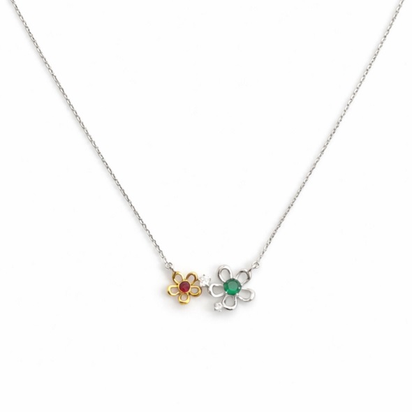 Dainty Two-Tone Dual Blossom Necklace – 92.5 Sterling Silver Mixed Metal Pendant with Ruby & Emerald Toned Centers