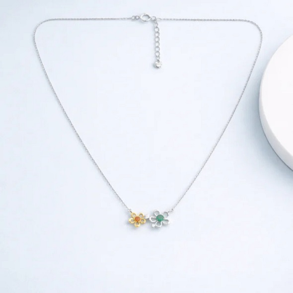 Dainty Two-Tone Dual Blossom Necklace – 92.5 Sterling Silver Mixed Metal Pendant with Ruby & Emerald Toned Centers